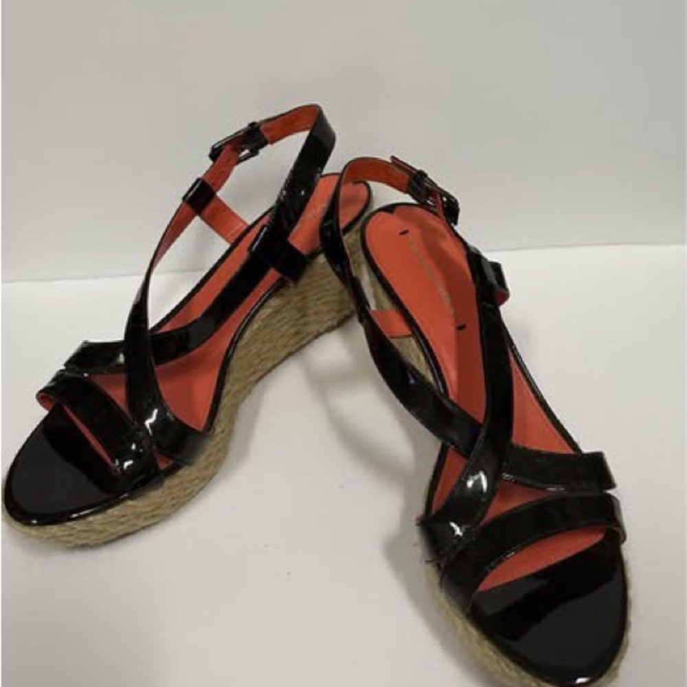 Via Spiga Black and Coral Wedge Sandals